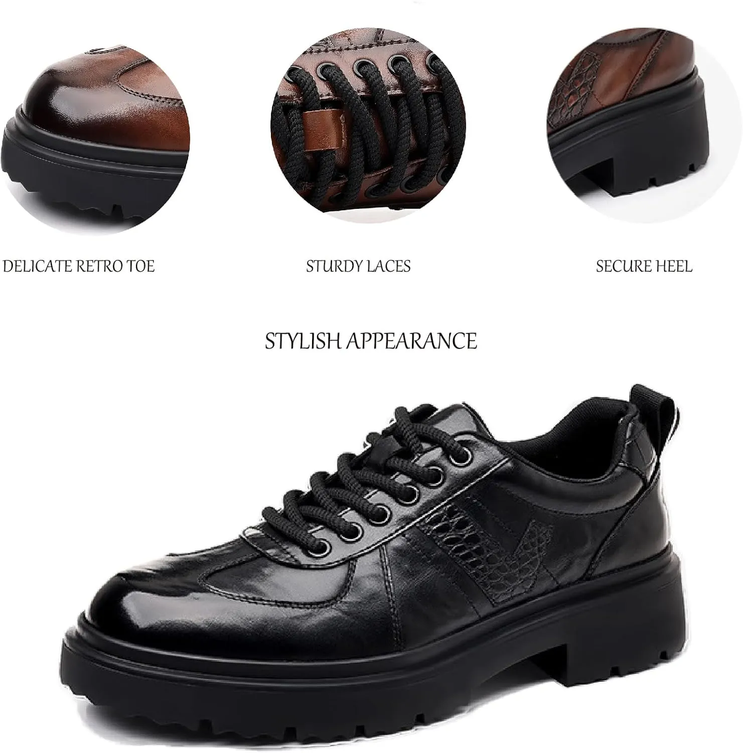 Men's Leather Platform Oxfords Comfort Handmade Round Toe Slip On Non-Slip Lug Sole Lace-Up Formal Derby Shoes Casual Business Work Office Wedding Tuxedo