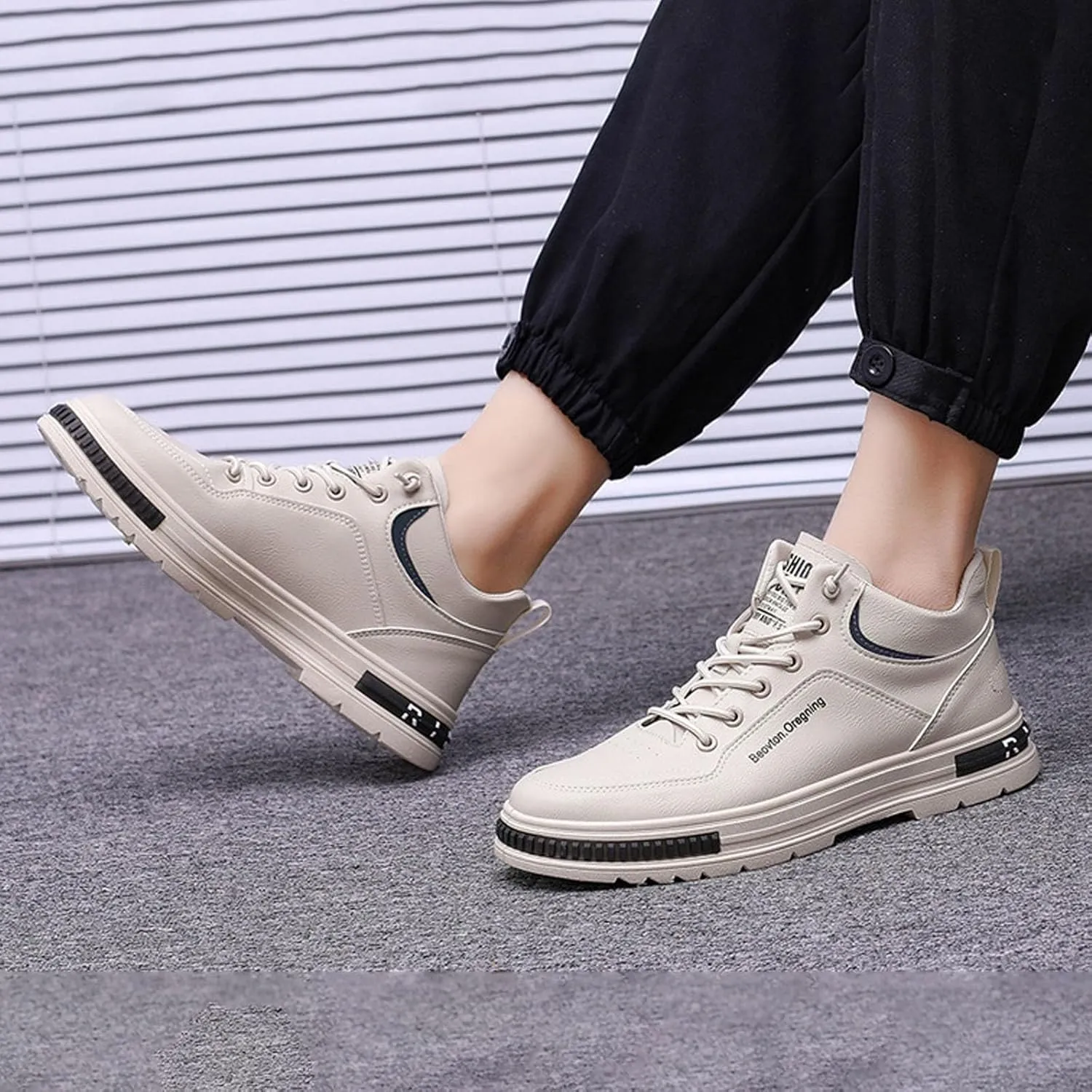 Men's Solid Color Casual Flat Leather Shoes Fashion Lace Up Loafers Sneaker Boots for Men High Top, 7.5