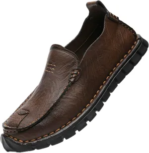 Men's Stylish Hand Stitched Leather Loafers Slip On Comfortable Soft Sole Moccasin Boat Shoes Stylish Casual Driving Dress Flats for Business