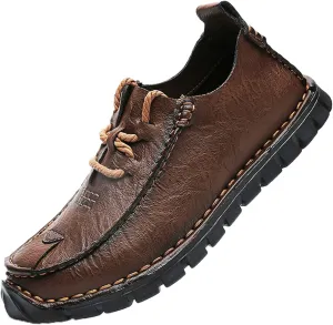 Men's Stylish Hand Stitched Leather Loafers Slip On Comfortable Soft Sole Moccasin Boat Shoes Stylish Casual Driving Dress Flats for Business