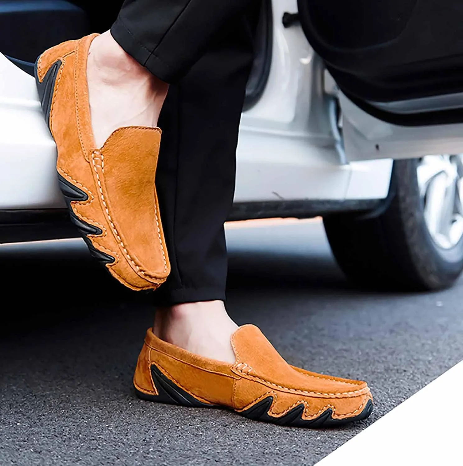 Men'S Suede Comfortable Slip-On Penny Loafers,Handmade Lightweight Soft Flat Casual Shoes,Outdoor Non-Slip Low-Top Chukka Driving Shoes