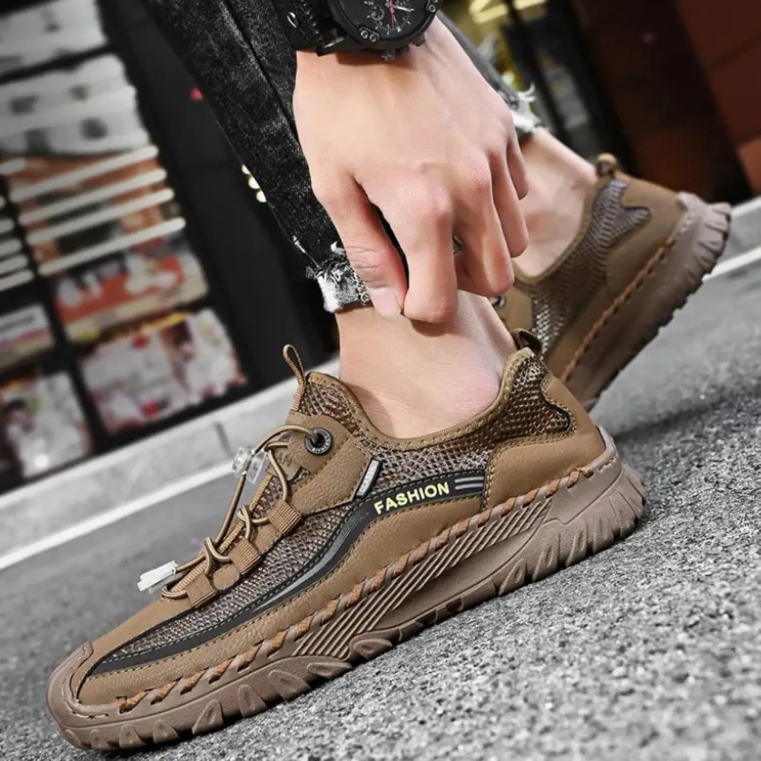 Mens Summer Breathable Mesh Slip-On Outdoor Loafers with Adjustable Elastic Band Handmade Closed Toe Casual Hiking Travel Sneakers