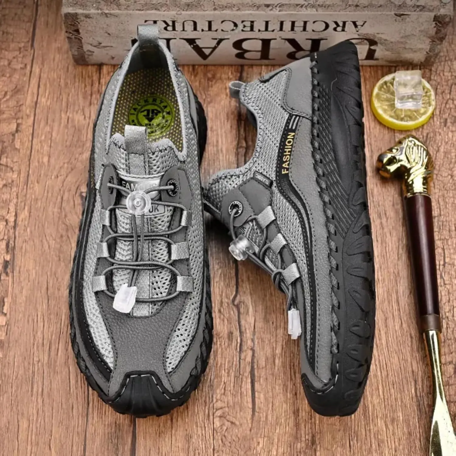 Mens Summer Breathable Mesh Slip-On Outdoor Loafers with Adjustable Elastic Band Handmade Closed Toe Casual Hiking Travel Sneakers