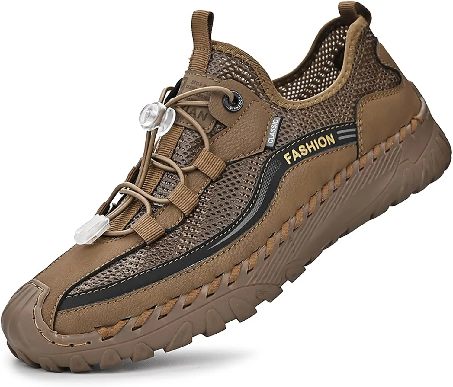 Mens Summer Breathable Mesh Slip-On Outdoor Loafers with Adjustable Elastic Band Handmade Closed Toe Casual Hiking Travel Sneakers