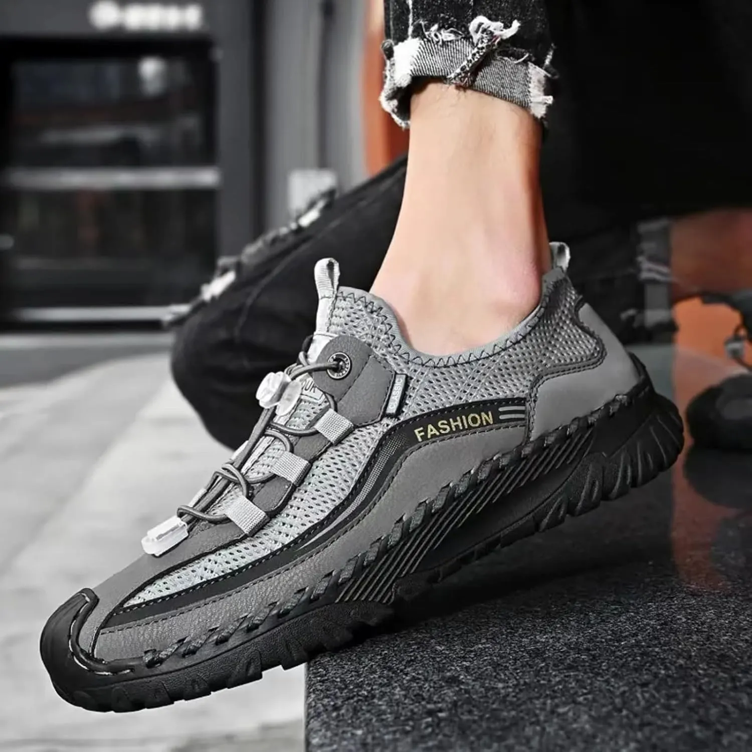 Mens Summer Breathable Mesh Slip-On Outdoor Loafers with Adjustable Elastic Band Handmade Closed Toe Casual Hiking Travel Sneakers