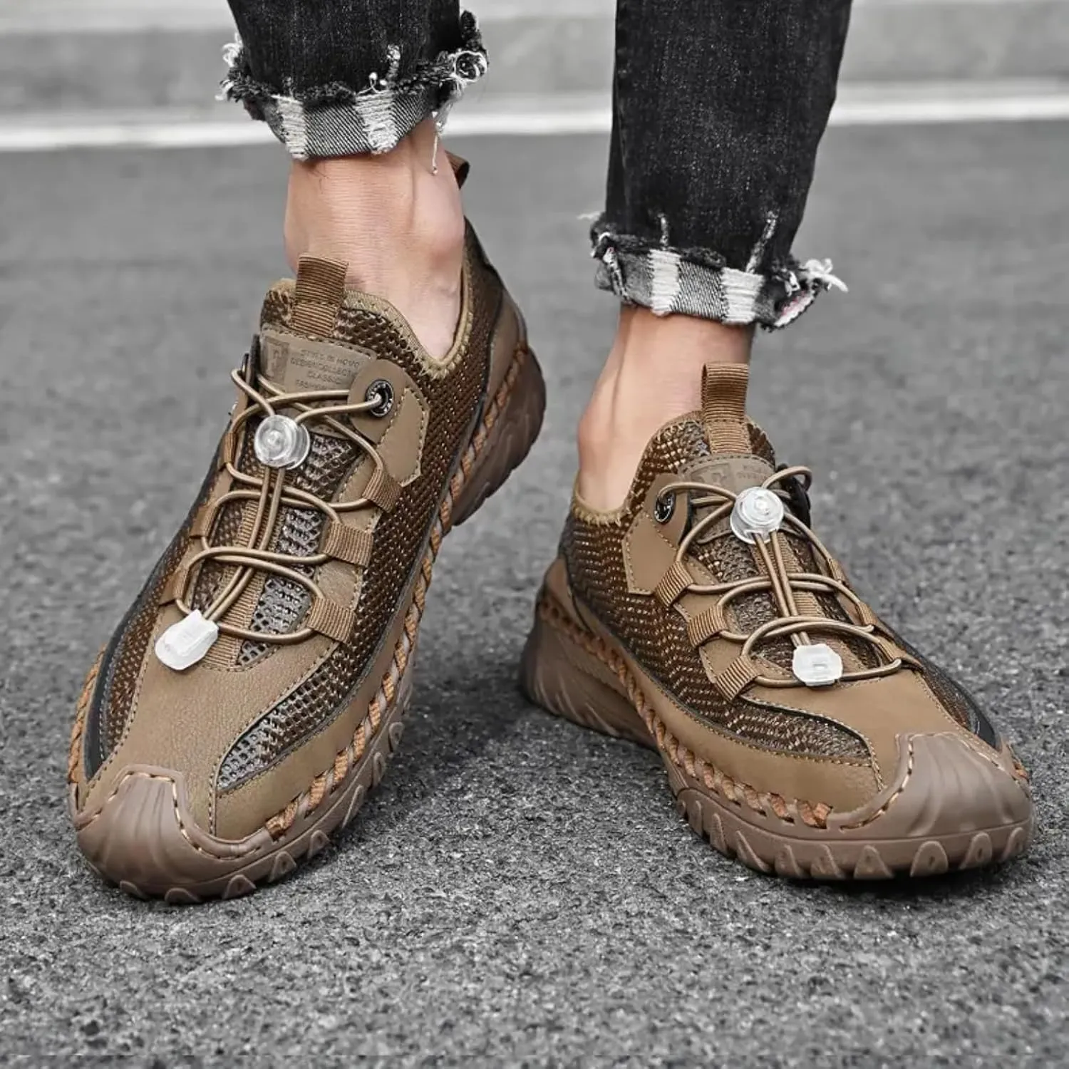 Mens Summer Breathable Mesh Slip-On Outdoor Loafers with Adjustable Elastic Band Handmade Closed Toe Casual Hiking Travel Sneakers