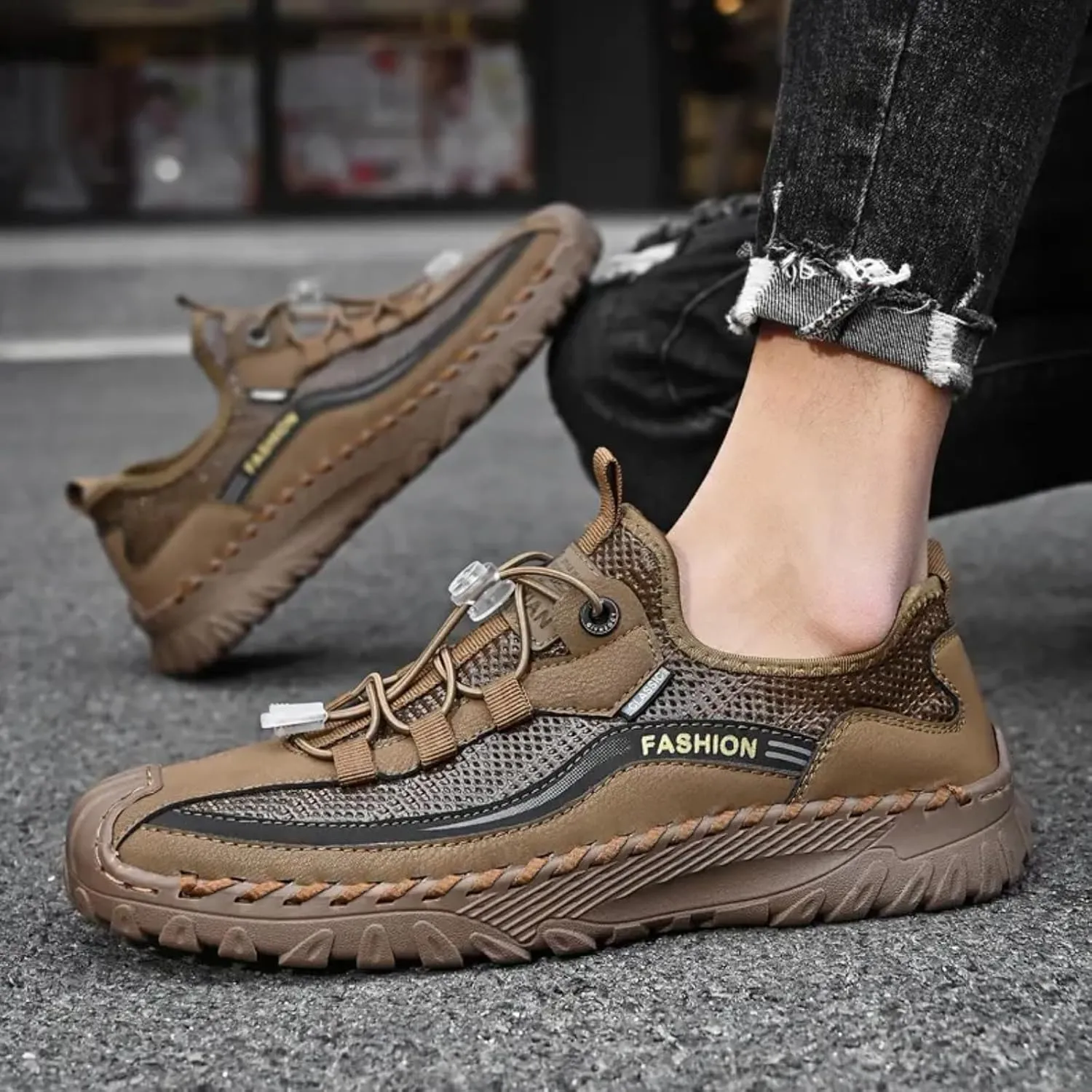 Mens Summer Breathable Mesh Slip-On Outdoor Loafers with Adjustable Elastic Band Handmade Closed Toe Casual Hiking Travel Sneakers