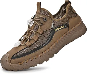 Mens Summer Breathable Mesh Slip-On Outdoor Loafers with Adjustable Elastic Band Handmade Closed Toe Casual Hiking Travel Sneakers