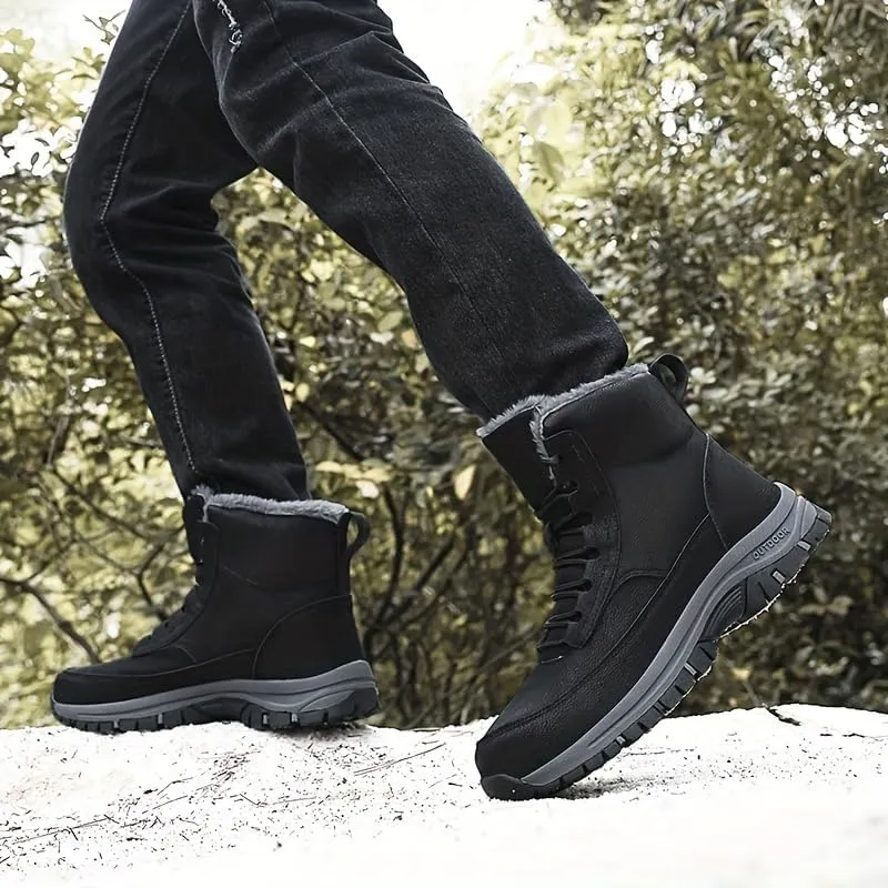 Men's Trendy Solid High Top Hiking Boots, Comfy Non Slip Casual Thermal Shoes, Winter & Autumn
