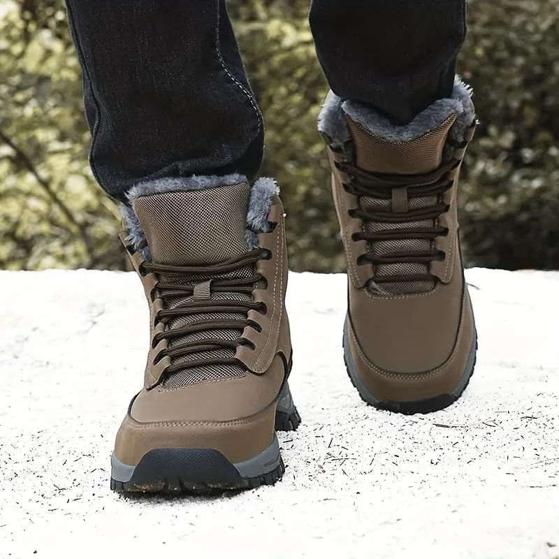 Men's Trendy Solid High Top Hiking Boots, Comfy Non Slip Casual Thermal Shoes, Winter & Autumn