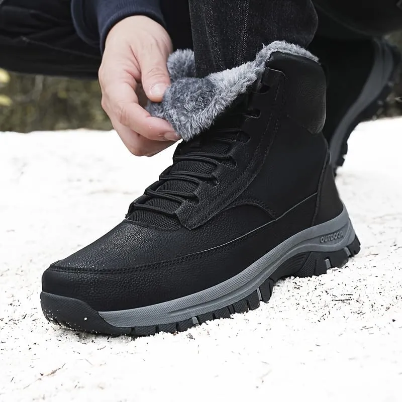 Men's Trendy Solid High Top Hiking Boots, Comfy Non Slip Casual Thermal Shoes, Winter & Autumn