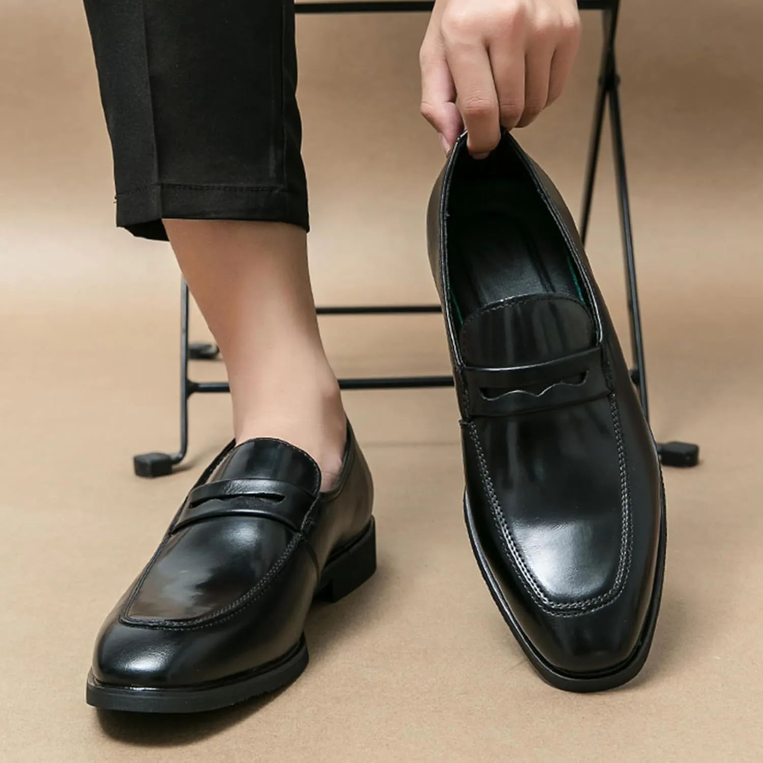 Men's Two-Tone Leather Penny Loafers Slip-On Dress Shoes for Office & Casual Soft Comfortable Moccasins