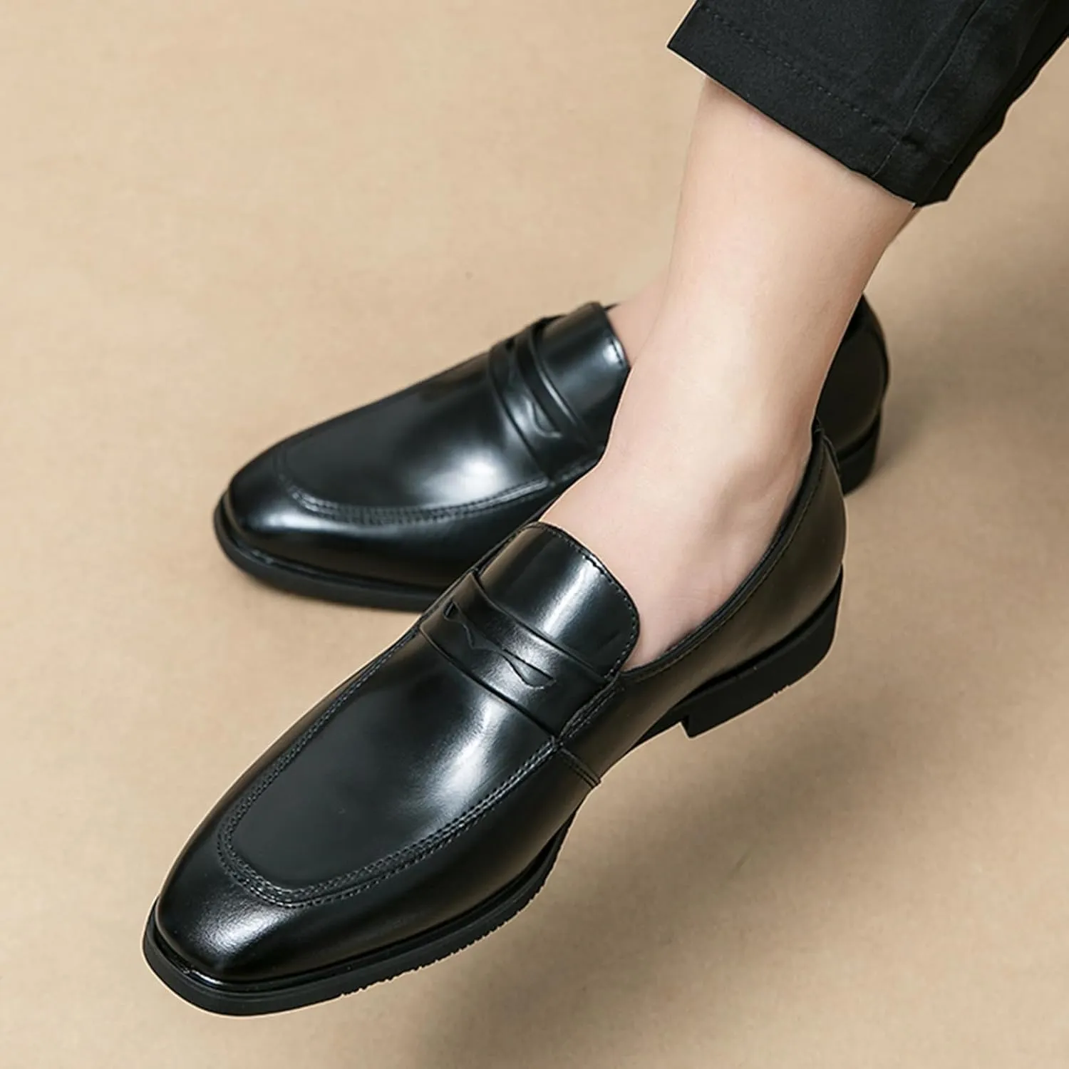 Men's Two-Tone Leather Penny Loafers Slip-On Dress Shoes for Office & Casual Soft Comfortable Moccasins