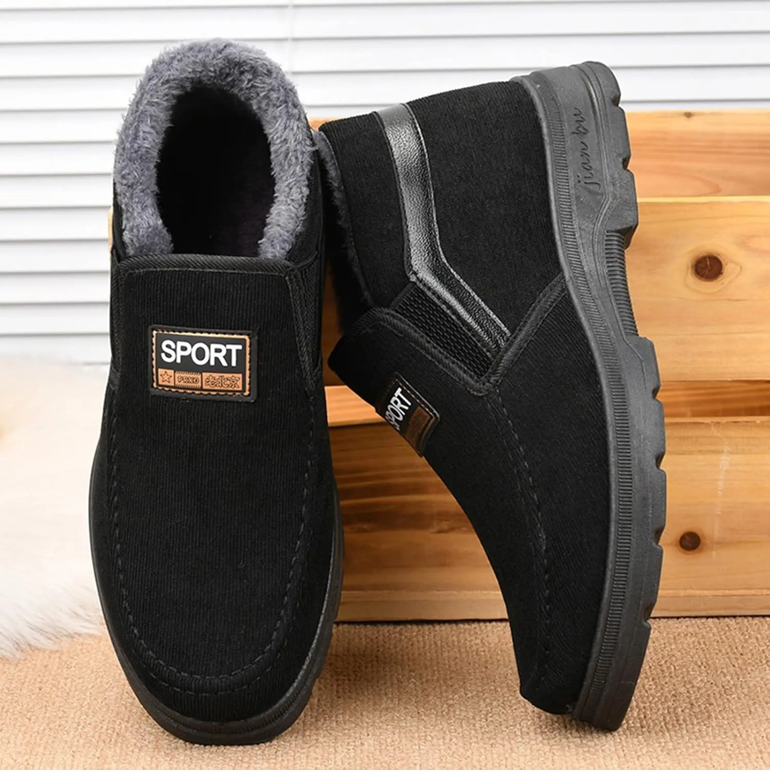 Men's Winter Thickened Solid Color Slip On Flat Bottomed Hiking Leisure Warm Snow Boots Shoes Snow Shoes Size 12