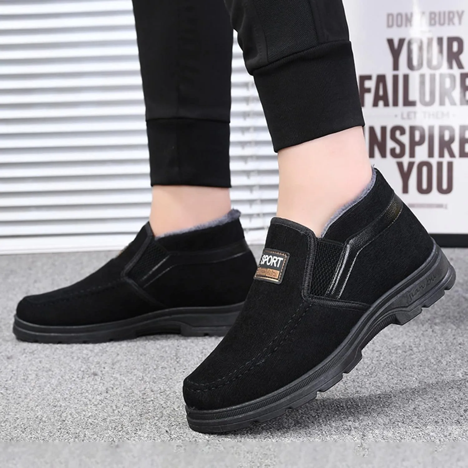 Men's Winter Thickened Solid Color Slip On Flat Bottomed Hiking Leisure Warm Snow Boots Shoes Snow Shoes Size 12
