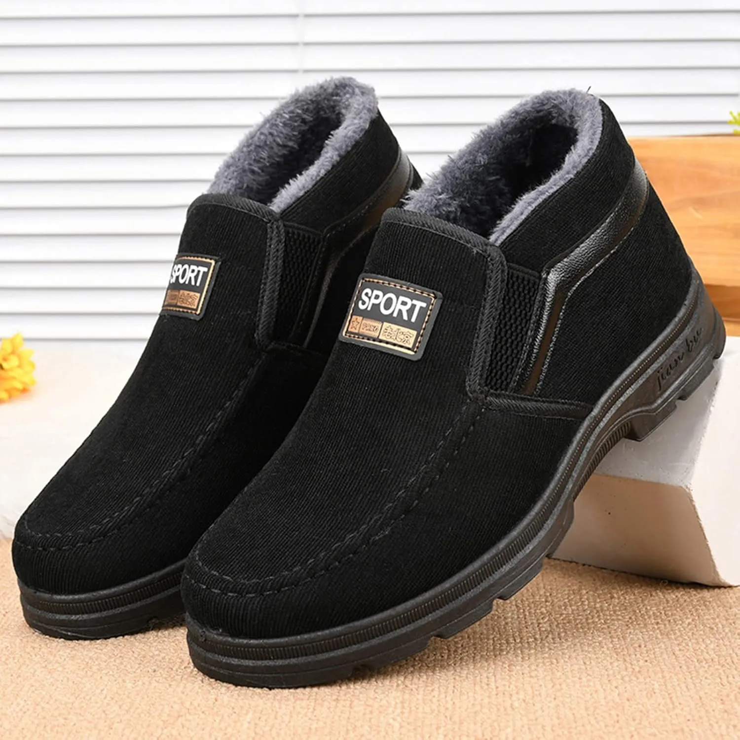 Men's Winter Thickened Solid Color Slip On Flat Bottomed Hiking Leisure Warm Snow Boots Shoes Snow Shoes Size 12