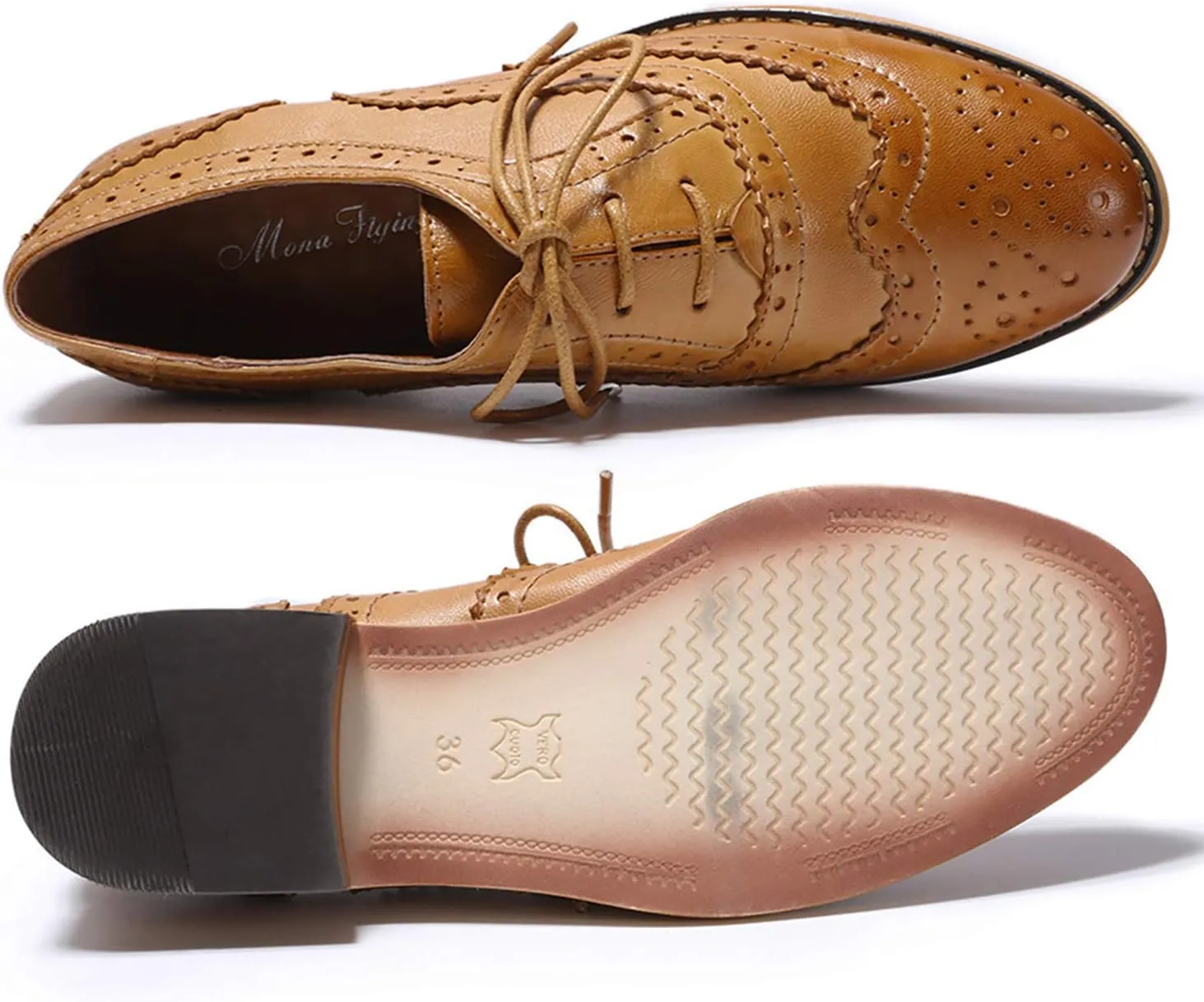 Mona flying Womens Handcrafted Comfy Wingtip Oxfords Brogue Ladies Lace up Leather Shoes
