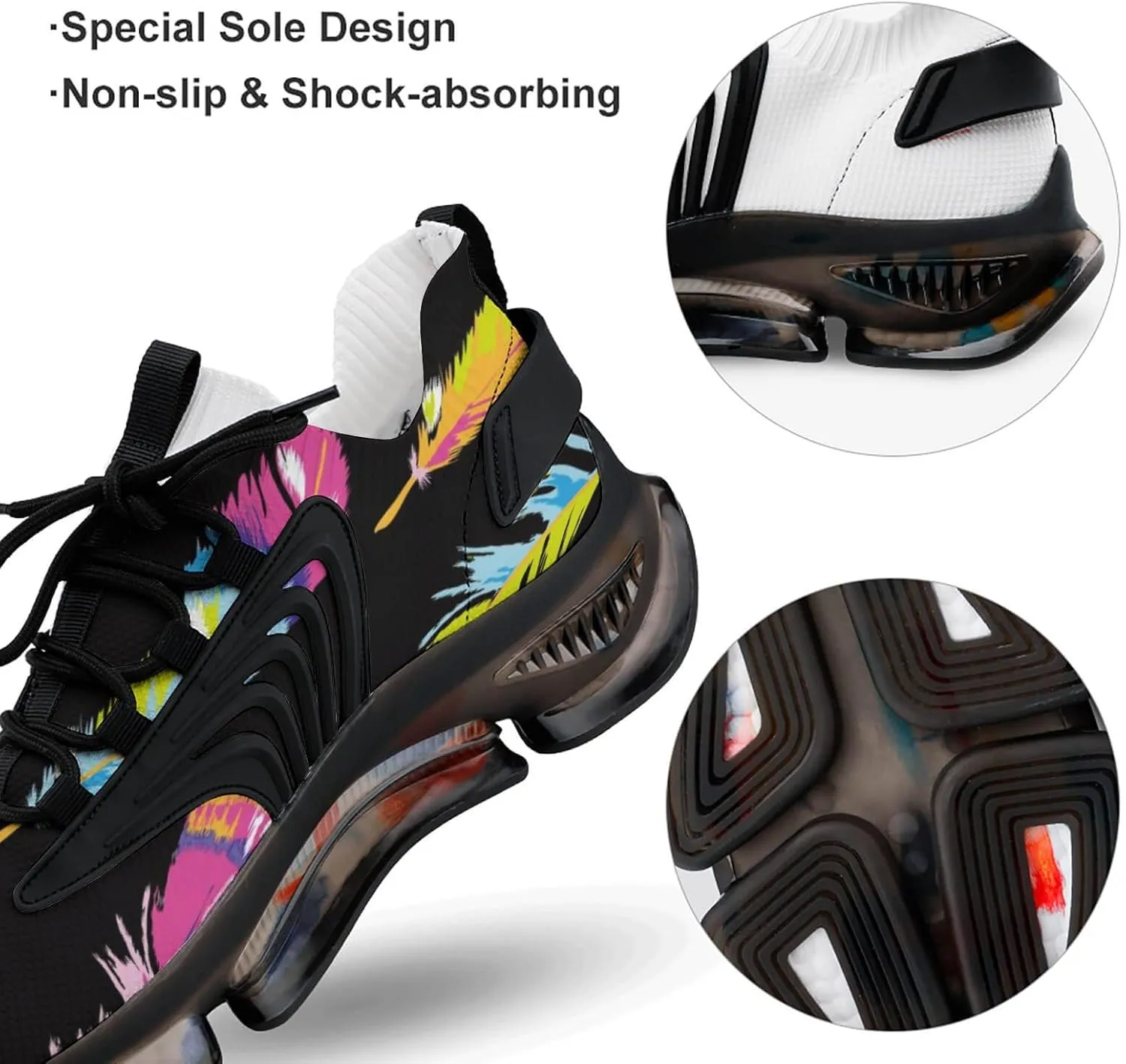 Neon Bright Feather Print Walking Shoes for Men Lightweight Tennis Fashion Elastic Sports Shoes Cushion Basketball Shoes