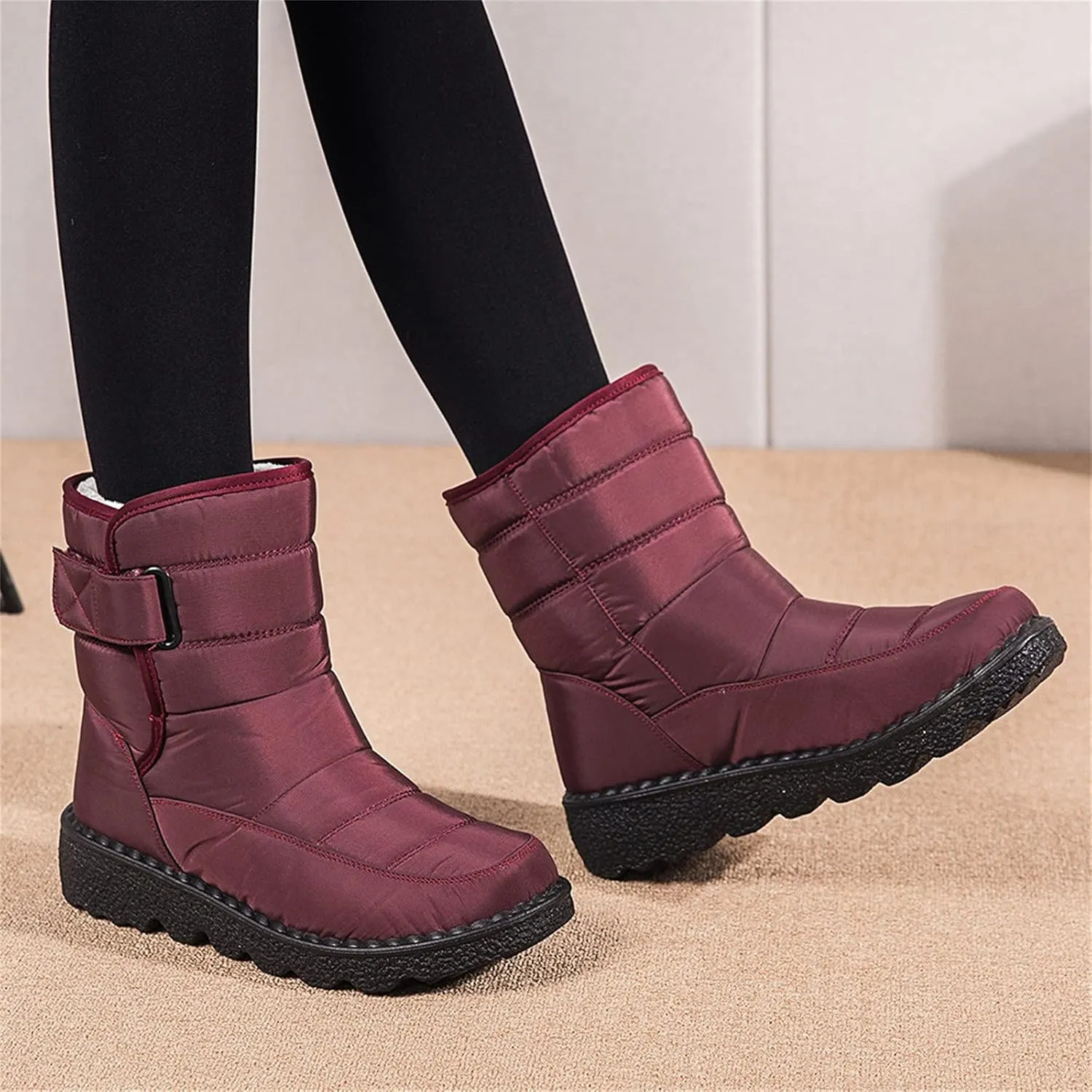 oiangi Quilted Snow Boots for Women Fashion Waterproof Round Toe Buckle Platform High Top Non-slip Ankle Booties Winter Comfy Warm Outdoor Ladies Shoes