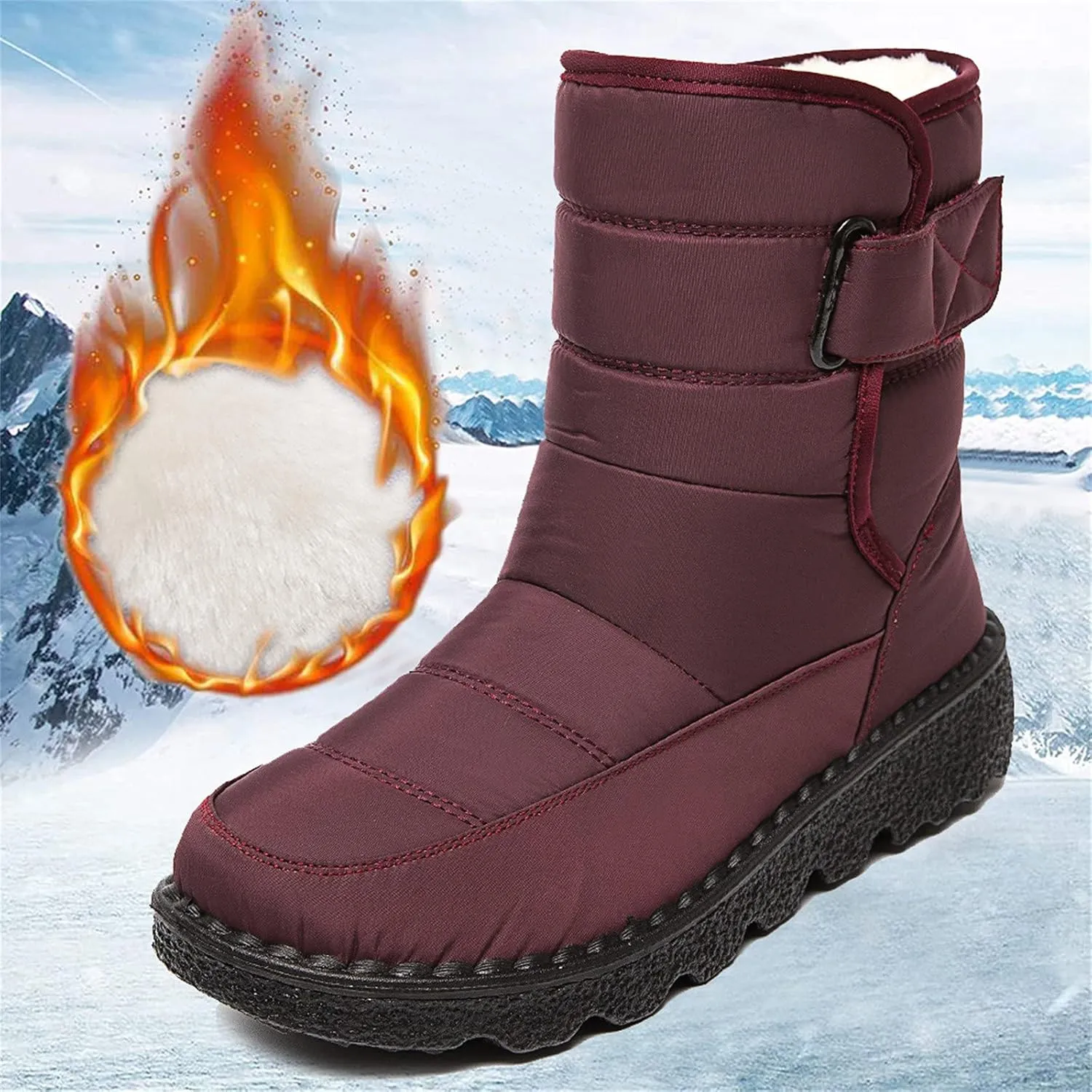 oiangi Quilted Snow Boots for Women Fashion Waterproof Round Toe Buckle Platform High Top Non-slip Ankle Booties Winter Comfy Warm Outdoor Ladies Shoes