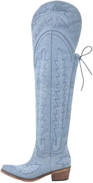 Over the Knee Cowboy Boots for Women Adjustable Thigh High Cowgirl Boots