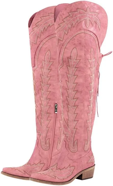 Over the Knee Cowboy Boots for Women Adjustable Thigh High Cowgirl Boots