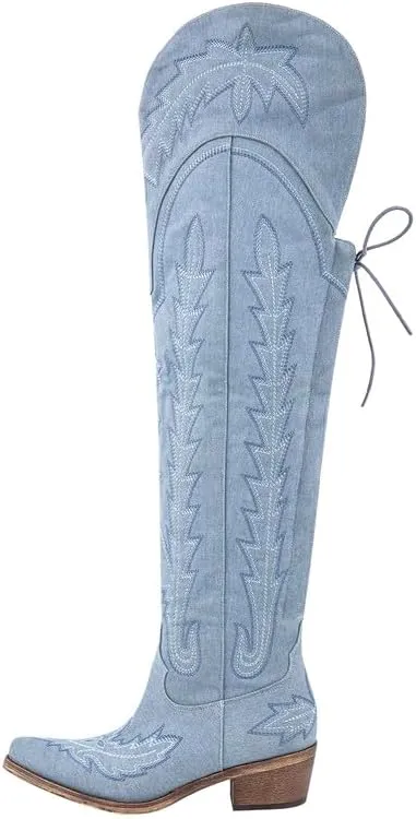 Over the Knee Cowboy Boots for Women Adjustable Thigh High Cowgirl Boots