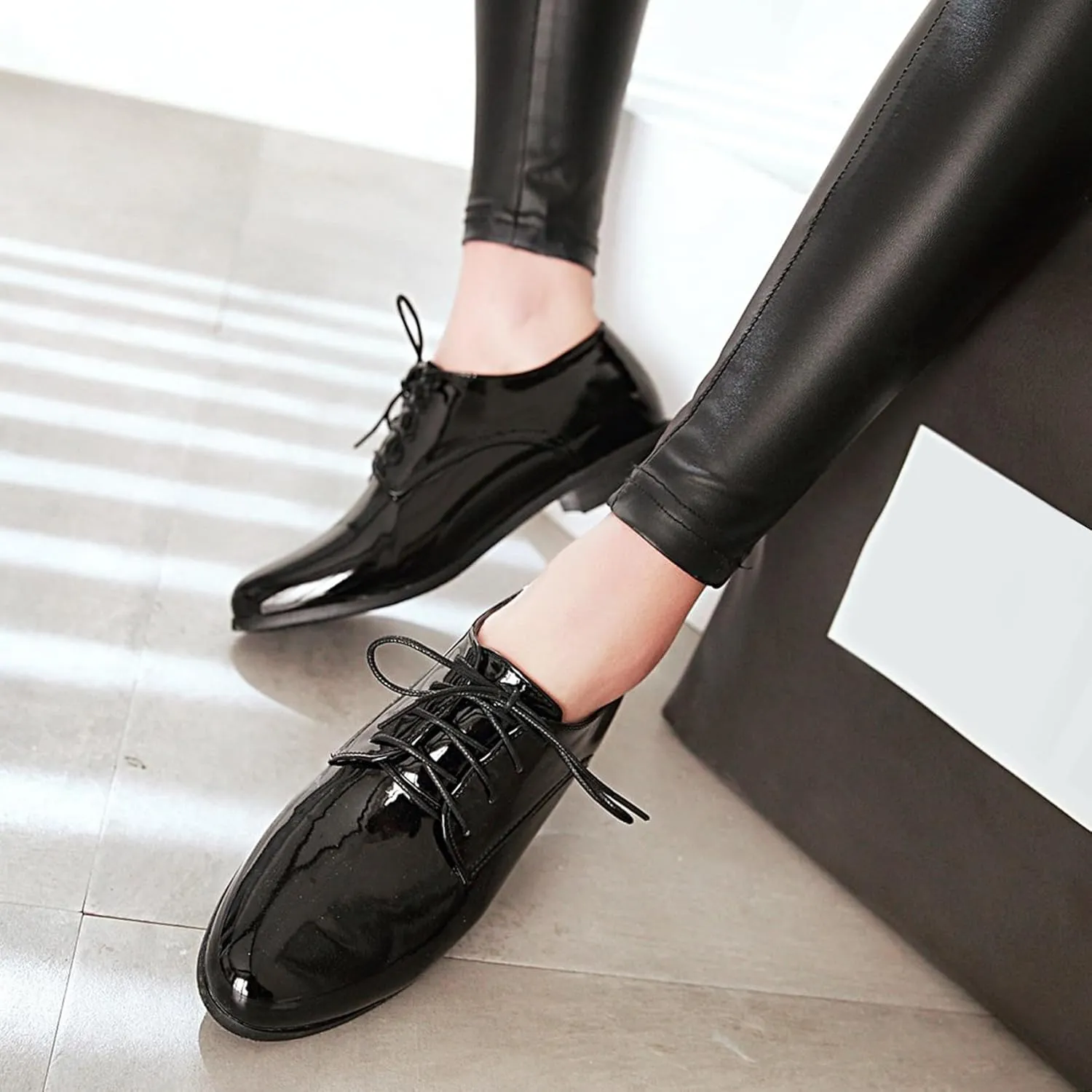 Patent Lace Up Womens Oxfords Mid Low Heel Pointed Toe Pumps