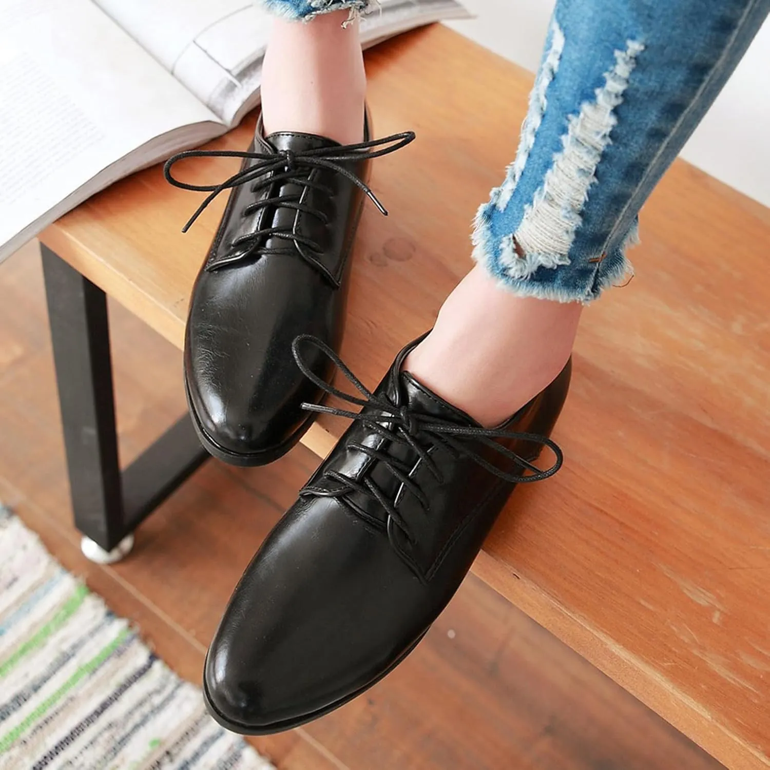 Patent Lace Up Womens Oxfords Mid Low Heel Pointed Toe Pumps