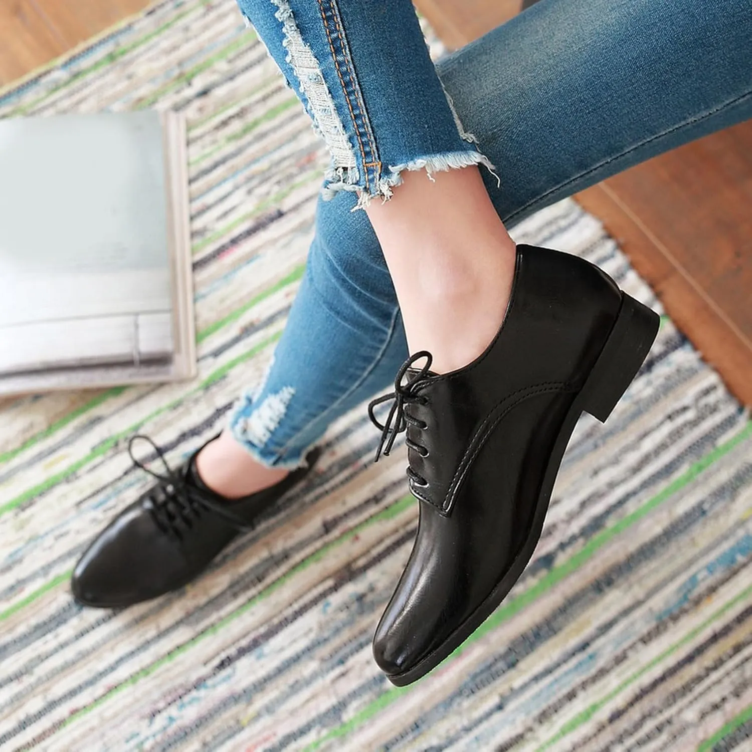 Patent Lace Up Womens Oxfords Mid Low Heel Pointed Toe Pumps