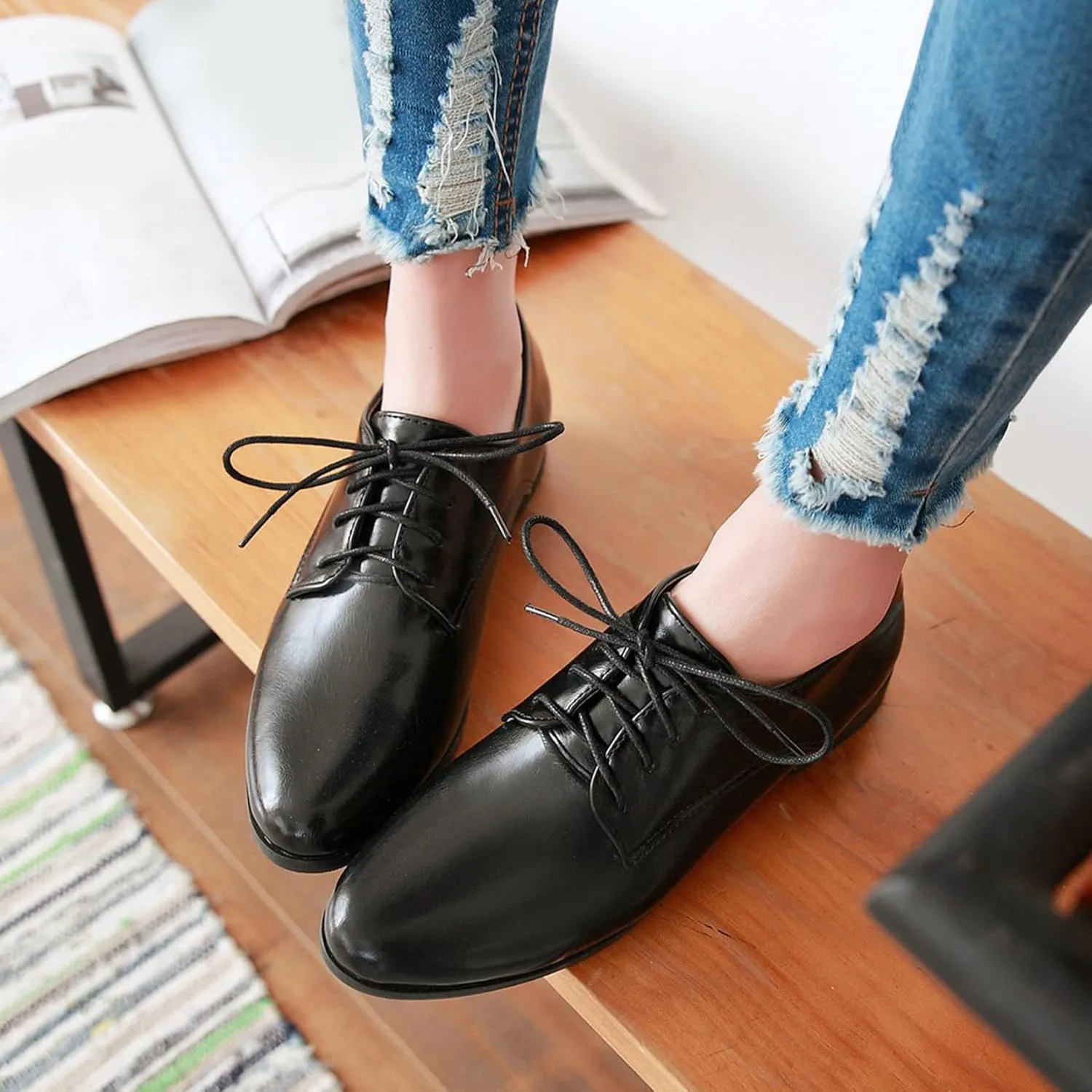 Patent Lace Up Womens Oxfords Mid Low Heel Pointed Toe Pumps