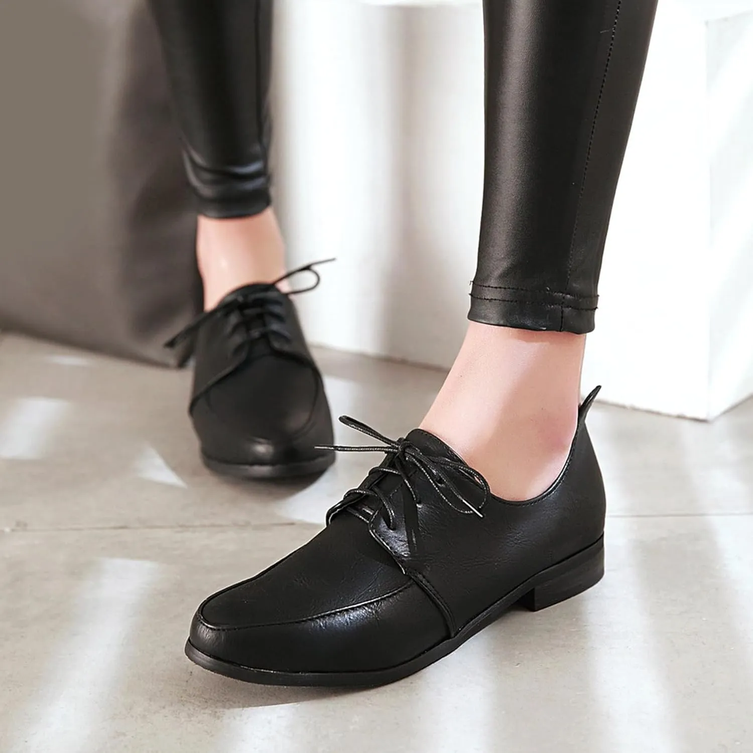 Patent Lace Up Womens Oxfords Mid Low Heel Pointed Toe Pumps