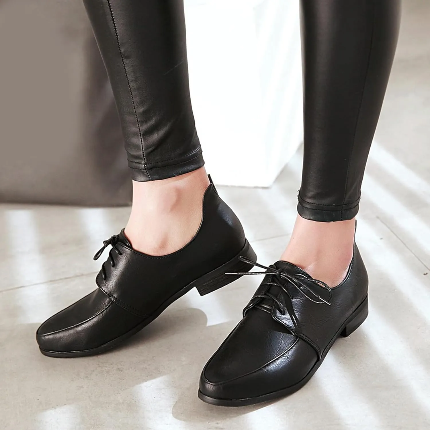 Patent Lace Up Womens Oxfords Mid Low Heel Pointed Toe Pumps