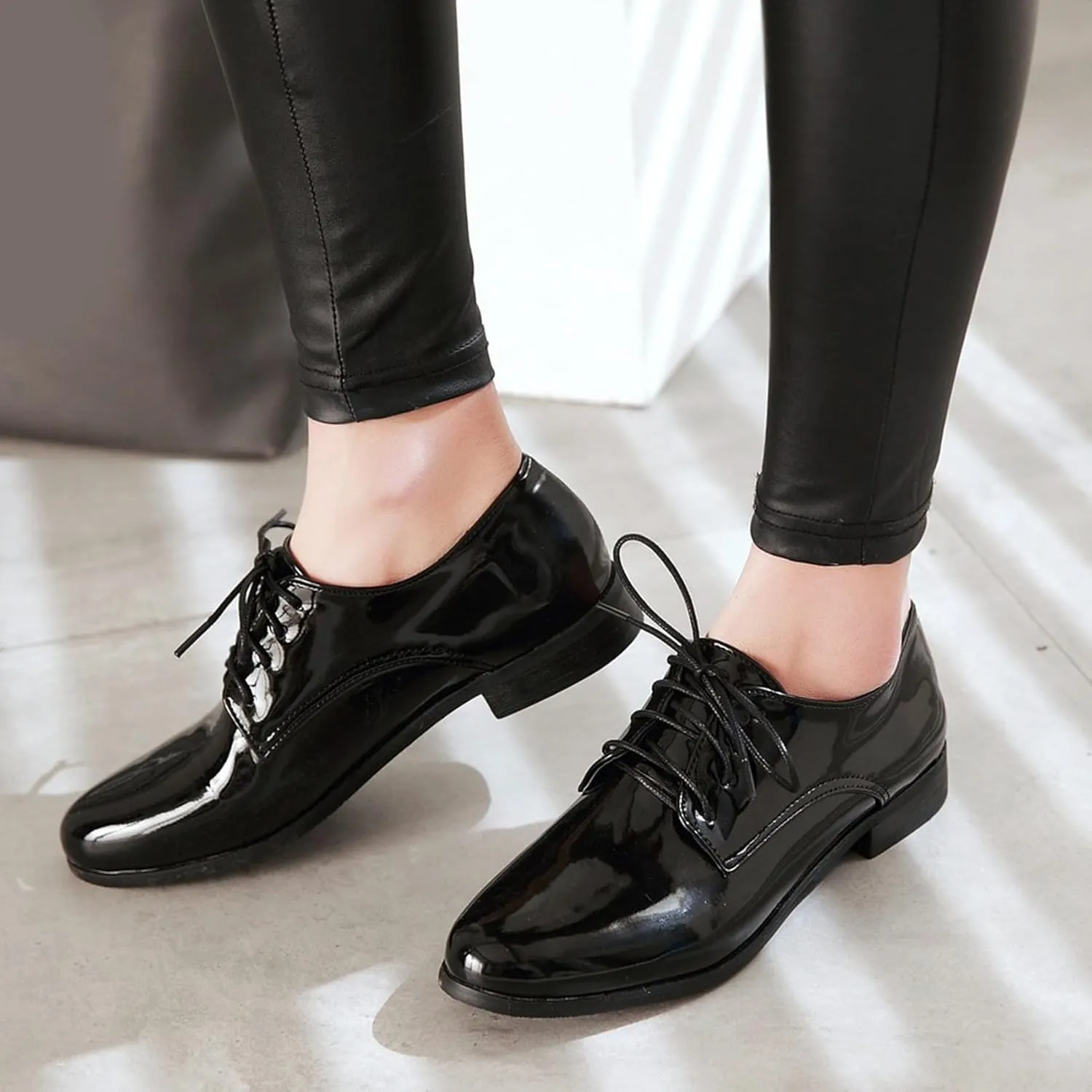 Patent Lace Up Womens Oxfords Mid Low Heel Pointed Toe Pumps