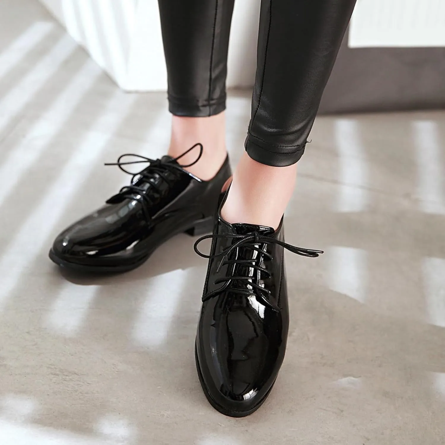 Patent Lace Up Womens Oxfords Mid Low Heel Pointed Toe Pumps