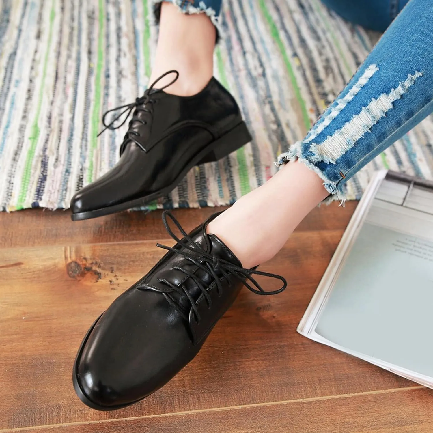 Patent Lace Up Womens Oxfords Mid Low Heel Pointed Toe Pumps