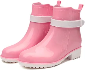 Qtqgoitem Pink White US 7.5 Waterproof Good Performance Rain Boots Mid Calf Rubber Wellies Rainshoes for Ladies (Model: 448 443 a73 48e 6ea)