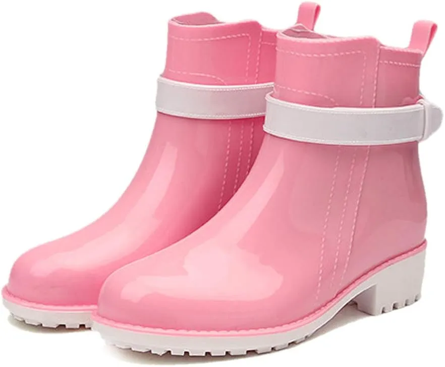 Qtqgoitem Pink White US 7.5 Waterproof Good Performance Rain Boots Mid Calf Rubber Wellies Rainshoes for Ladies (Model: 448 443 a73 48e 6ea)