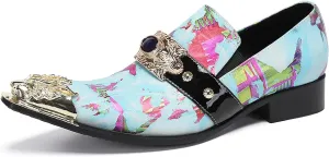 Santimon Mens Casual Shoes Leather Metal-Tip Toe Black Gemstone Penny Loafers Formal Western Wedding Dress Fashion Casual Party Ballroom Slip On Mocassins Mens Loafers
