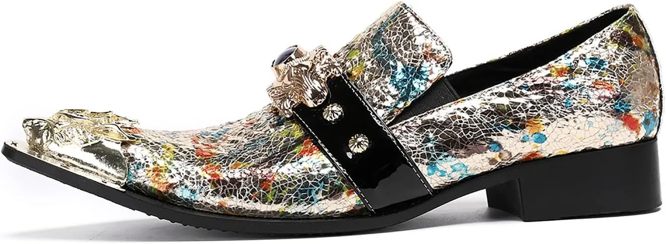 Santimon Mens Casual Shoes Leather Metal-Tip Toe Black Gemstone Penny Loafers Formal Western Wedding Dress Fashion Casual Party Ballroom Slip On Mocassins Mens Loafers