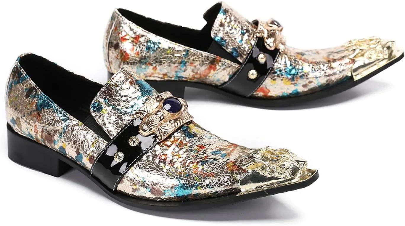 Santimon Mens Casual Shoes Leather Metal-Tip Toe Black Gemstone Penny Loafers Formal Western Wedding Dress Fashion Casual Party Ballroom Slip On Mocassins Mens Loafers