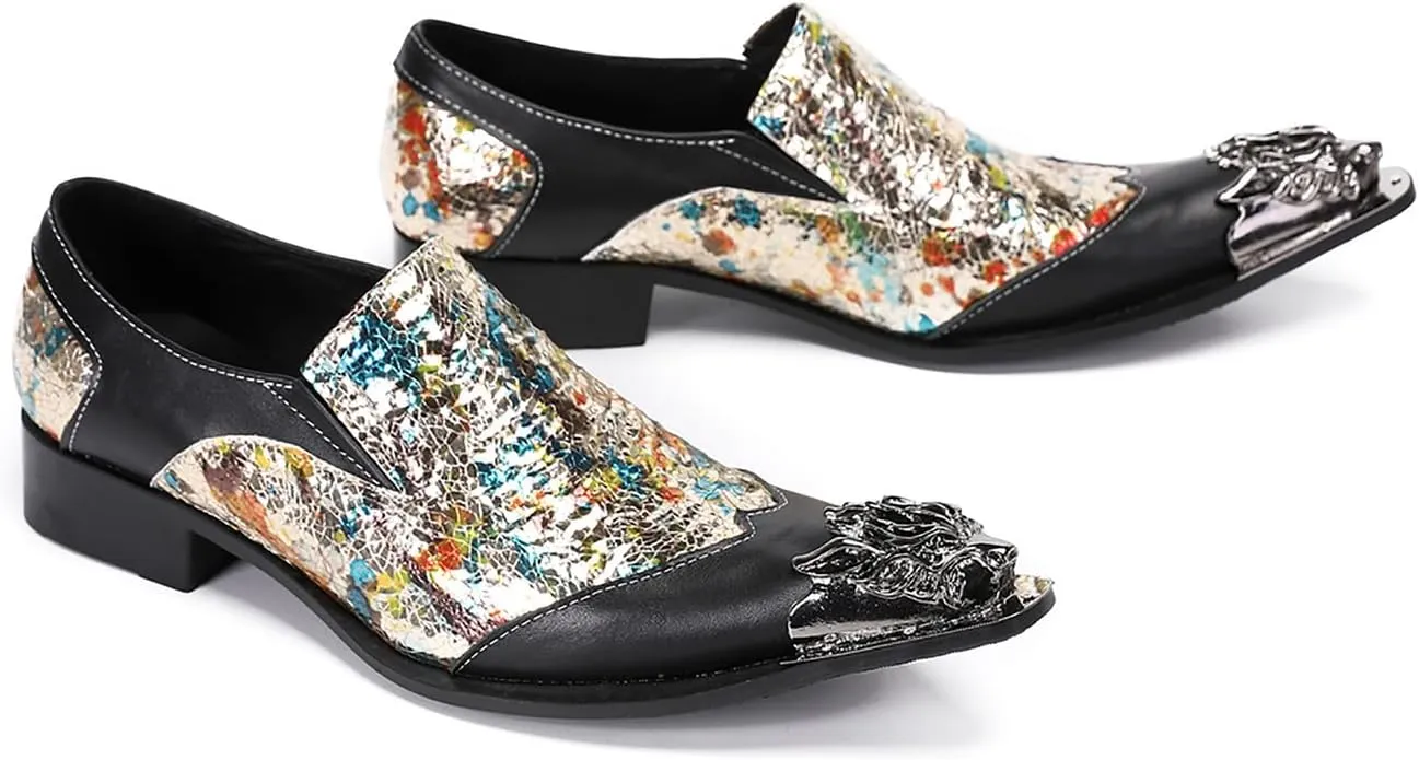 Santimon Mens Casual Shoes Leather Metal-Tip Toe Black Gemstone Penny Loafers Formal Western Wedding Dress Fashion Casual Party Ballroom Slip On Mocassins Mens Loafers