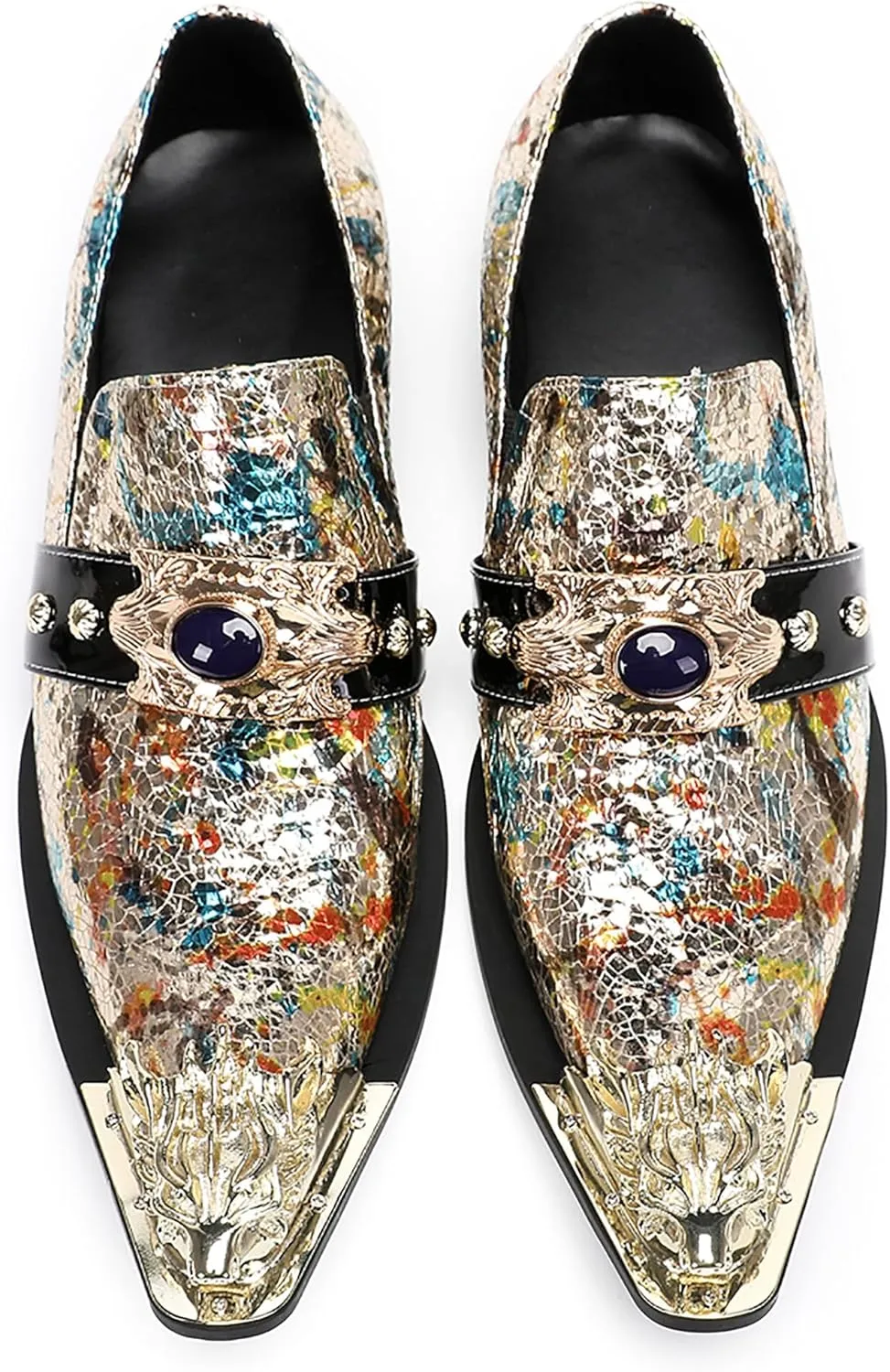 Santimon Mens Casual Shoes Leather Metal-Tip Toe Black Gemstone Penny Loafers Formal Western Wedding Dress Fashion Casual Party Ballroom Slip On Mocassins Mens Loafers