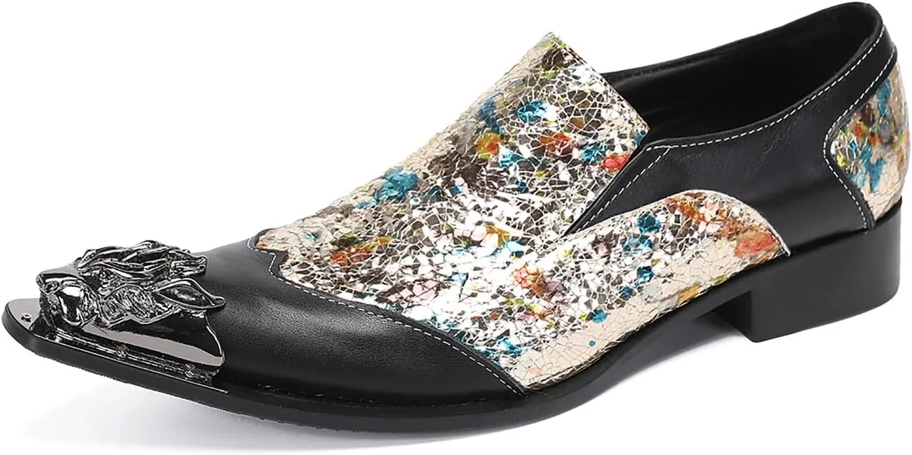 Santimon Mens Casual Shoes Leather Metal-Tip Toe Black Gemstone Penny Loafers Formal Western Wedding Dress Fashion Casual Party Ballroom Slip On Mocassins Mens Loafers