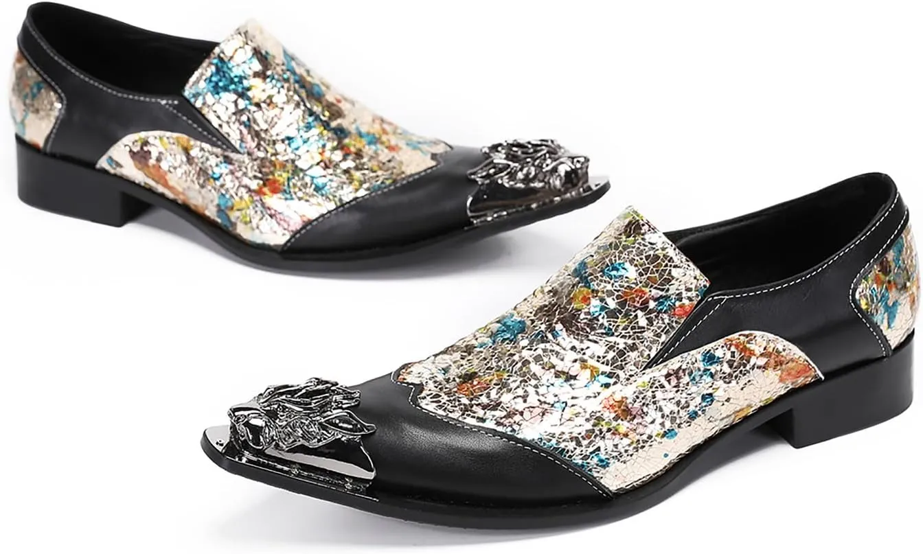 Santimon Mens Casual Shoes Leather Metal-Tip Toe Black Gemstone Penny Loafers Formal Western Wedding Dress Fashion Casual Party Ballroom Slip On Mocassins Mens Loafers