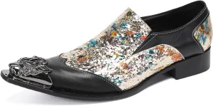 Santimon Mens Casual Shoes Leather Metal-Tip Toe Black Gemstone Penny Loafers Formal Western Wedding Dress Fashion Casual Party Ballroom Slip On Mocassins Mens Loafers