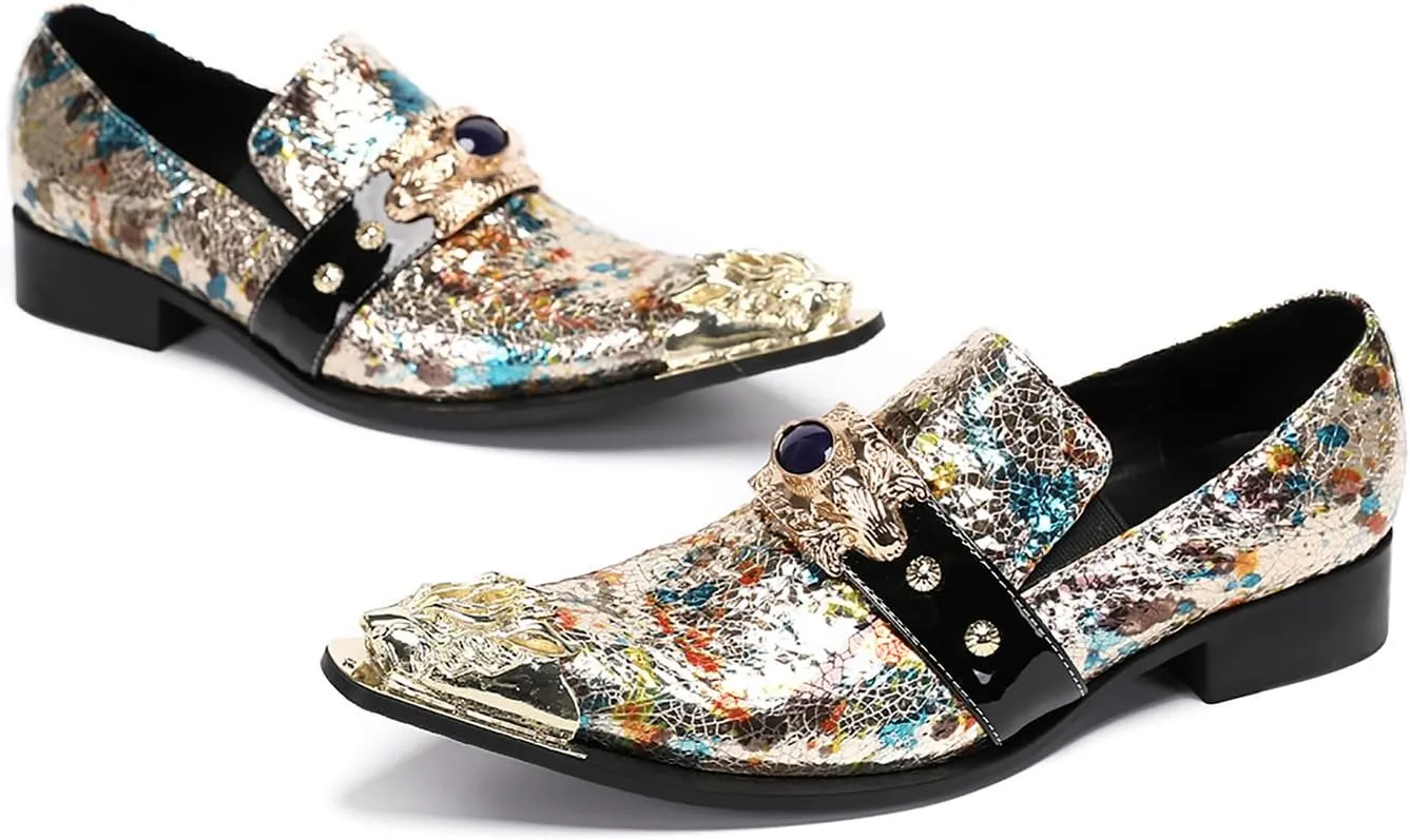 Santimon Mens Casual Shoes Leather Metal-Tip Toe Black Gemstone Penny Loafers Formal Western Wedding Dress Fashion Casual Party Ballroom Slip On Mocassins Mens Loafers