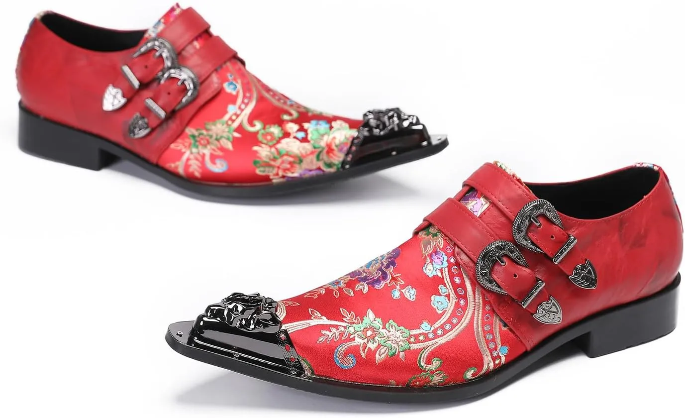 Santimon Mens Loafers Casual Party Dress Shoes Metal-Tip Toe Leather Slip On Loafers Western Wedding Fashion Prom Tuxedo Disco Buckle Shoes for Boys