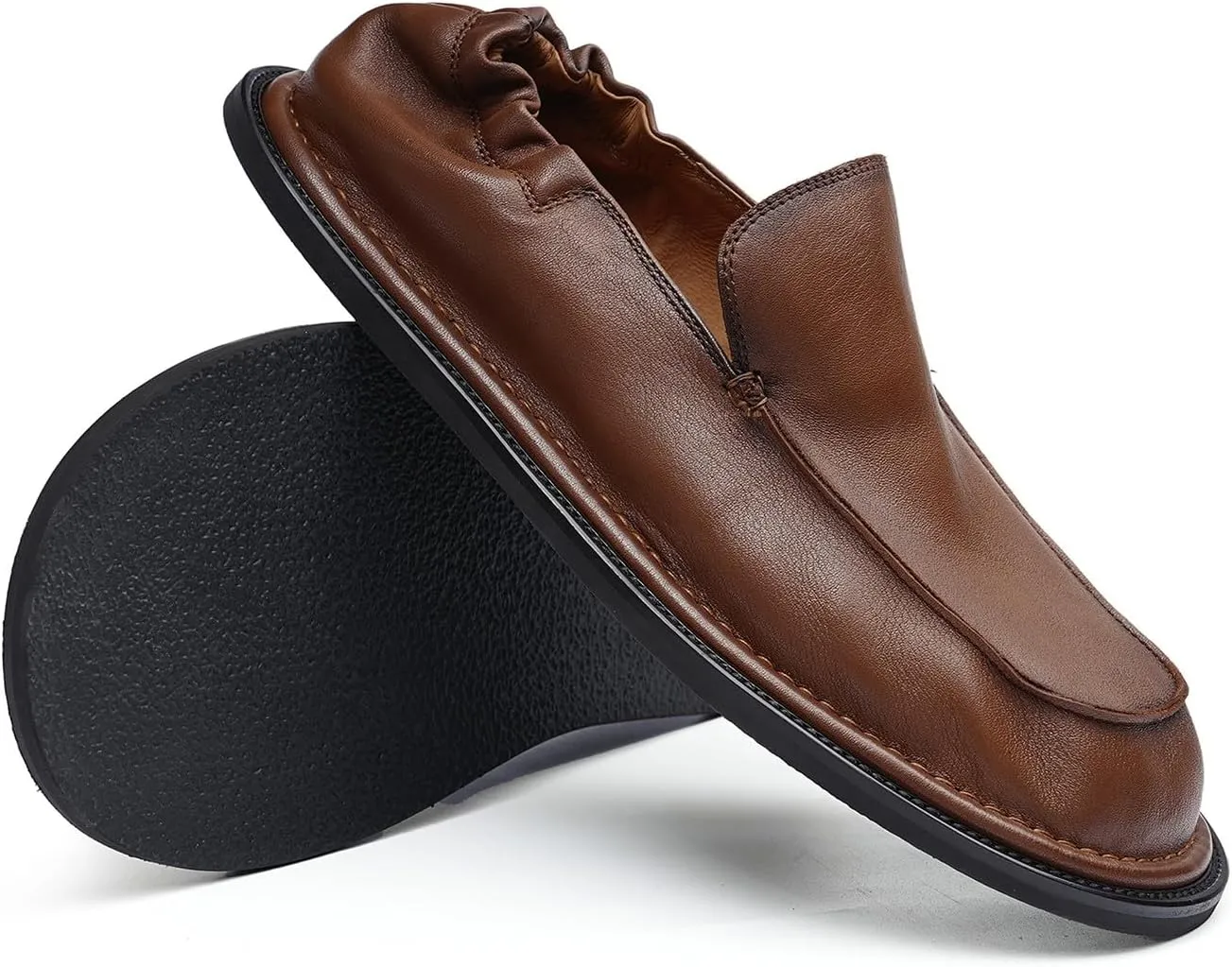 Santimon Men??s Soft Leather Slip-On Loafers ?C Elastic Back Ultra-Flexible Dress Shoes, Lightweight Business Casual Moc Shoes for Travel, Work & Daily Comfort