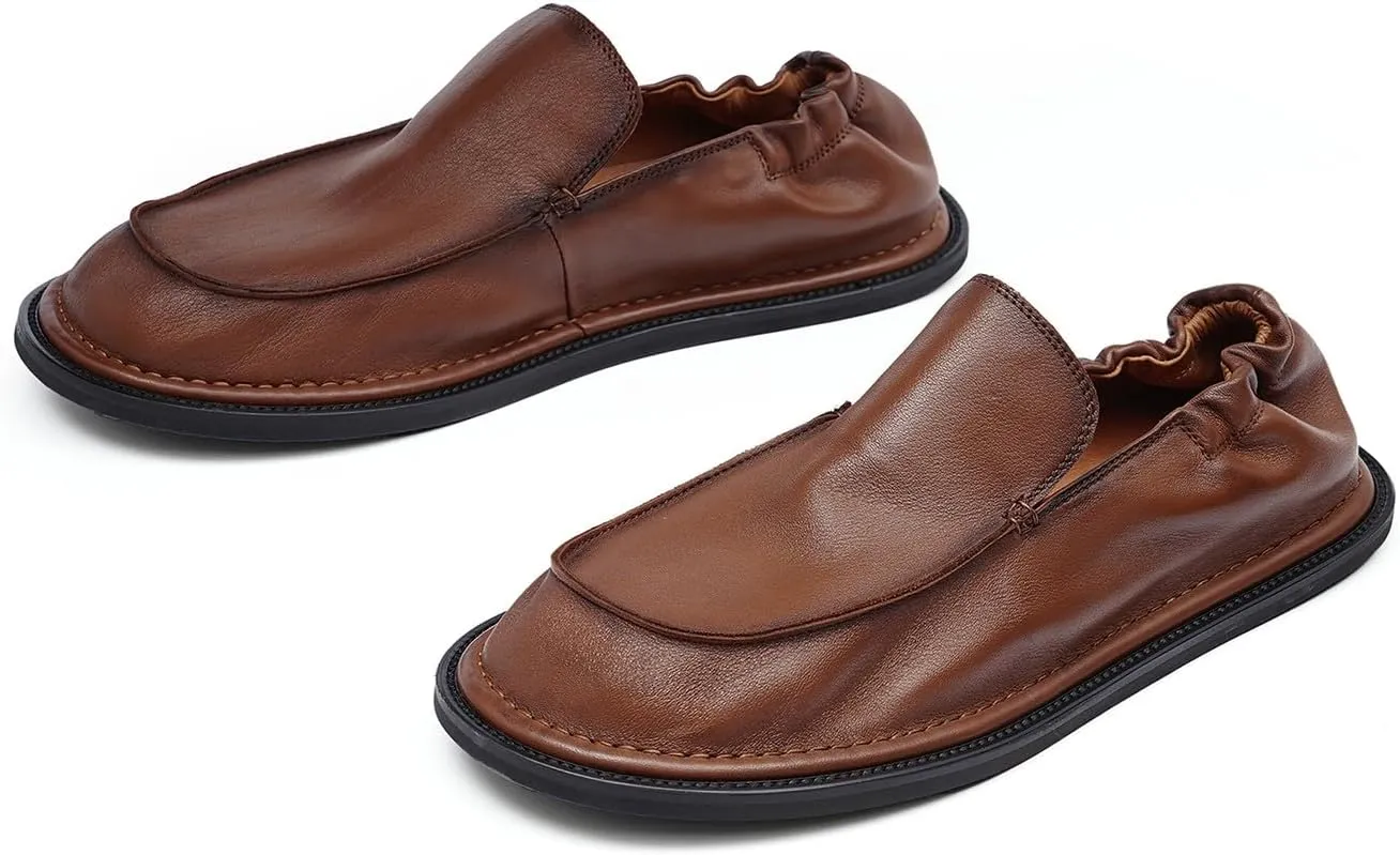 Santimon Men??s Soft Leather Slip-On Loafers ?C Elastic Back Ultra-Flexible Dress Shoes, Lightweight Business Casual Moc Shoes for Travel, Work & Daily Comfort